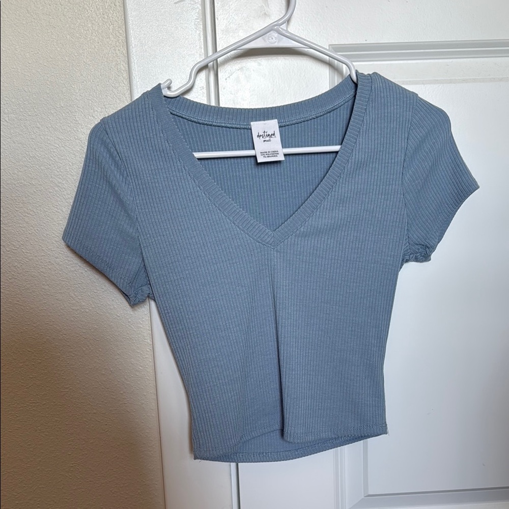 Stylish Blue V-Neck Ribbed Top